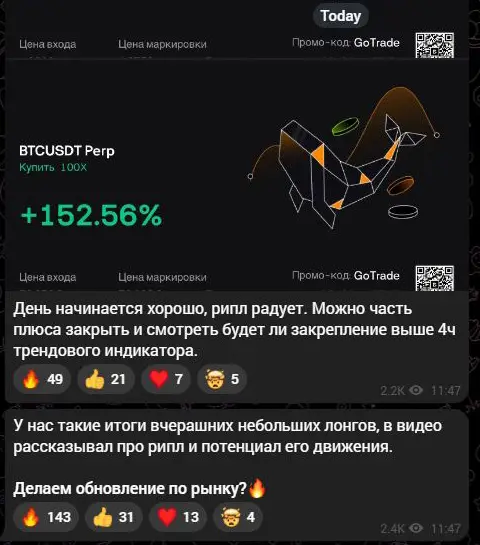 Публикация Go Trade с результатом позиции BTCUSDT