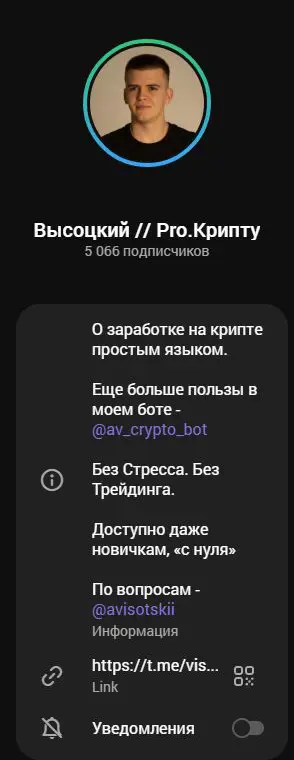 Карточка Telegram-канала Высоцкий Pro.Крипту с аватаром и описанием