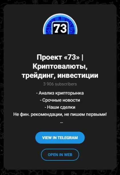 Профиль Telegram-канала Проект 73 с описанием, сайтом и контактами для услуг