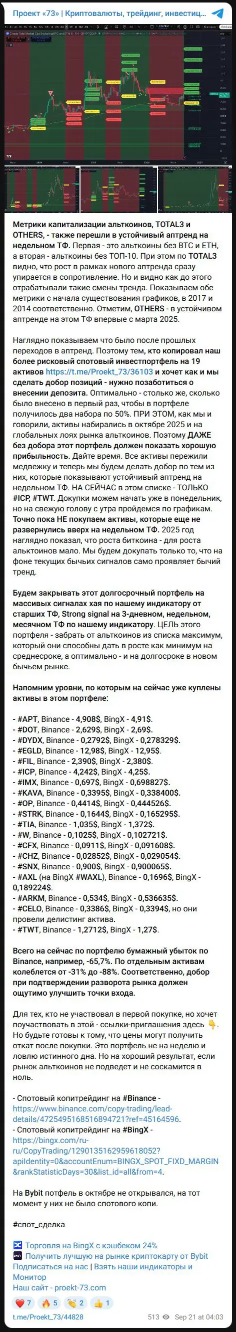 Портфель Проекта 73 с общей просадкой около 65,7 процента и предложением усреднения