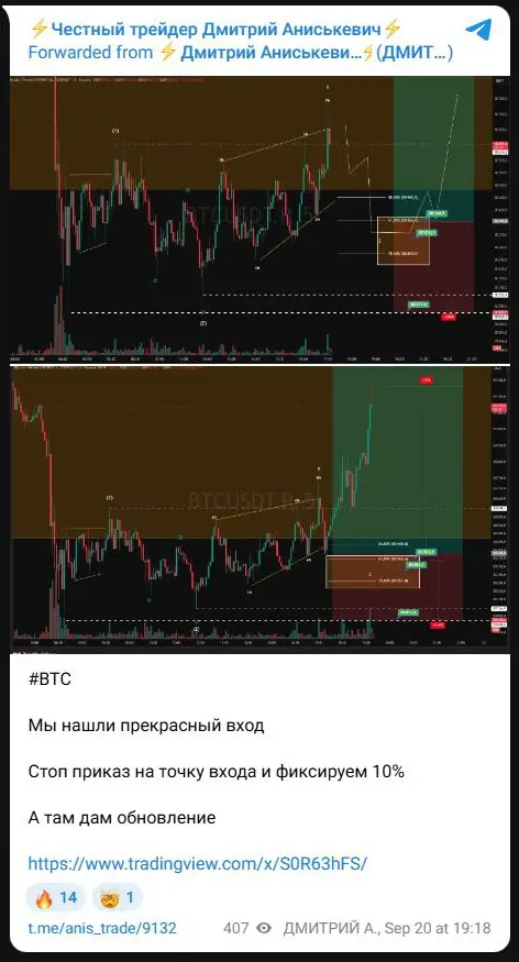Сообщение Premium-канала Дмитрия Аниськевича о прекрасном входе по Bitcoin